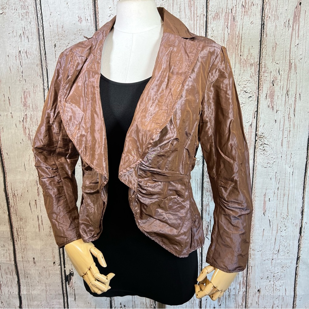 Lida Baday Ruched Metallic Crinkled Puckered Fitted Evening Blazer Jacket SZ 12 - Picture 3 of 16